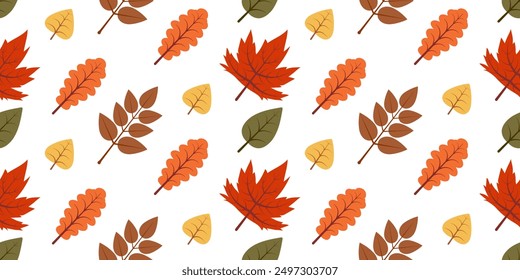 Cute leafs pattern of autumn colors. Flat style illustration. Fall season seamless pattern for design. Vector horizontal autumn leaf ornament. Pattern isolated on changeable white background.
