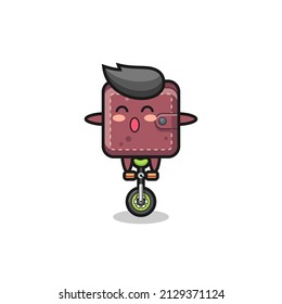 The cute leather wallet character is riding a circus bike , cute style design for t shirt, sticker, logo element