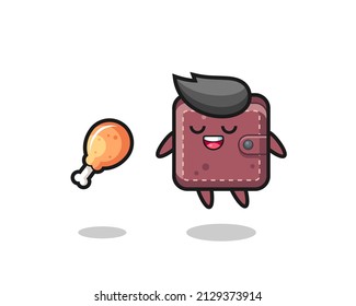 cute leather wallet floating and tempted because of fried chicken , cute style design for t shirt, sticker, logo element