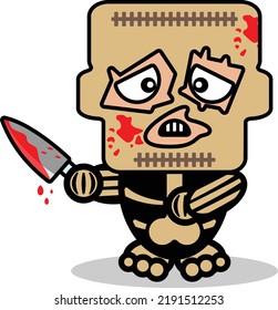 caricatura del personaje de la mascota del hueso de la piel lindo ilustración vectorial sosteniendo un cuchillo sangriento