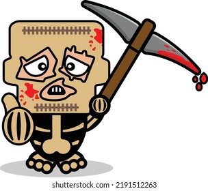 caricatura del personaje de la mascota del hueso de la oruga linda ilustración vectorial sosteniendo un pickaxe sangriento