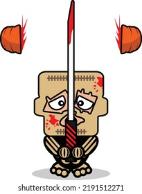 caricatura del personaje de la mascota del hueso de la piel lindo ilustración del vector sujetando una espada sangrienta