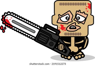 caricatura del personaje de la mascota del hueso de la piel lindo ilustración vectorial sosteniendo la máquina de la sierra sangrienta
