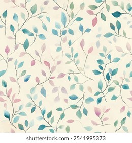 Cute leave seamless watercolor pattern on cream background. Leave vector illustration. Watercolor print in rustic vintage style, textile or wallpapers.