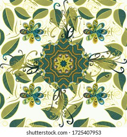 Cute leaves on blue, yellow and neutral colors. Hand drawn leaf texture. Floral organic background. Of leaves pattern on blue, yellow and neutral background. Vector illustration. Vector illustration.