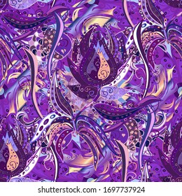 Cute leaves on neutral, purple and violet colors. Of leaves pattern on neutral, purple and violet background. Vector sketch. Vector sketch. Floral organic background. Hand drawn leaf texture.