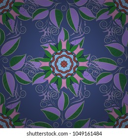 Cute leaves pattern on violet, green and gray colors for wrapping, textile, wallpaper, paper. Vector illustration. Seamless delicate plant texture.