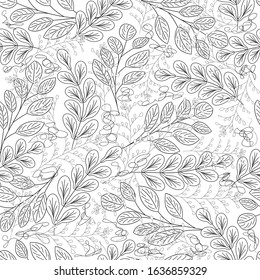 Cute leaves and plants vector seamless pattern for coloring page. Outlines plants on the white background. Design for fabric, card and wallpaper.