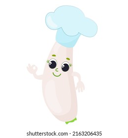 Cute leek smiling in a chef's hat. Citrus has a face, eyes, hands and is happy. Character design in cartoon style isolated on white background for kitchen textile.