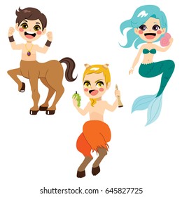 Cute Legendary Mythology Character Collection Of Strong Centaur Mermaid And Faun With Flute