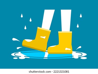 Cute legs kid wearing yellow boots walking in puddle water rain in rainy season cartoon character on blue background flat vector icon design.