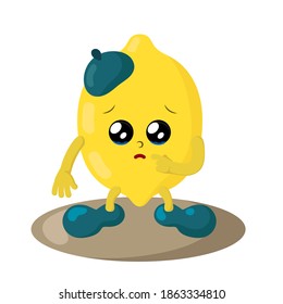 Cute lemon with big eyes and tears . Colorful kawaii fruit emoticon with pitying look. Isolated vector illustration