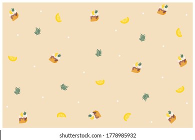 cute lemon cake, lemon and leaves pattern cream background