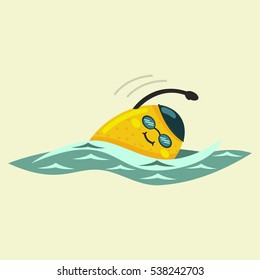 Cute Lemon cartoon character is engaged in swimming. Eating healthy and fitness. Flat retro style illustration concept.