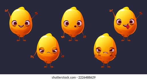 Cute lemon cartoon character face emoji set. Funny citrus fruit ui comic game personage, happy, rejoice, upset, sad, surprised, show tongue and angry emotions. Healthy food mascot, Vector illustration