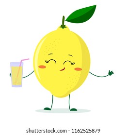 Cute lemon cartoon character holding a glass with juice. Vector illustration, a flat style.