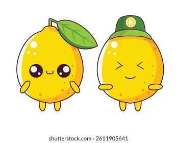 Cute lemon cartoon character isolated on white background fruit cartoon set with kawaii smiling emoji