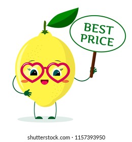 Cute Lemon cartoon character in red heart glasses, in the hands of the plate is the best price. Vector illustration, a flat style.