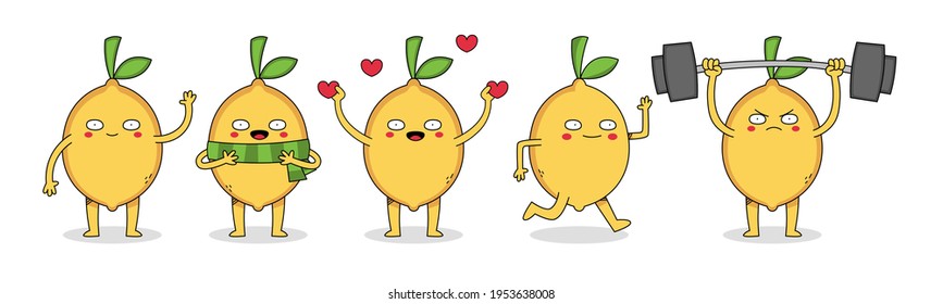 Cute lemon cartoon character set 1 with waving, wearing scarf, spreading love, running and weight lifting