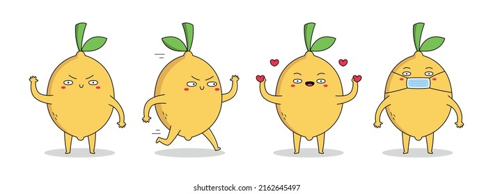 Cute lemon cartoon character set 1 of waving hand, running, spreading love and wearing a mask