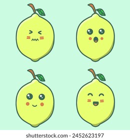 Lindo personaje de dibujos animados de limón o conjunto de dibujos animados de limón con emoji de expresión kawaii.
