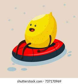 Cute Lemon cartoon character sledding on snow tube. Illustration of winter sport and eating healthy. Vector flat funny fruit icon with emotion isolated on background.