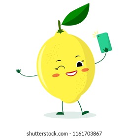Cute lemon cartoon character with a smartphone and does selfie. Vector illustration, a flat style.