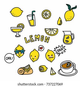 Cute Lemon Cartoon Doodle Set Vector Illustration