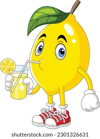 Cute lemon cartoon drinking lemonade