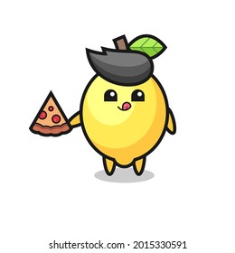 cute lemon cartoon eating pizza , cute style design for t shirt, sticker, logo element