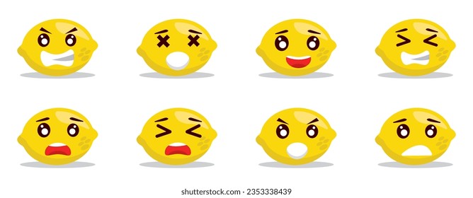 juego de emoticonos de dibujos animados de limón lindo. diferentes emojis en la cara con forma de limón. rostros enfadados, tristes, decepcionados, riéndose, felices. ilustración de emoticonos de dibujos animados vectoriales.