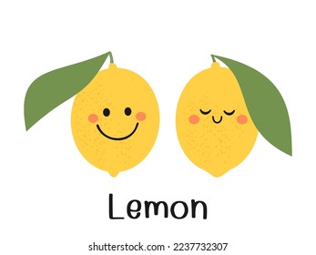 Cute lemon cartoons and hand written font isolated on white background vector illustration.