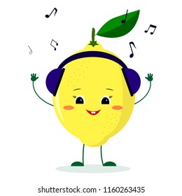 A cute lemon character in cartoon style listening to music on headphones. Vector illustration, a flat style.