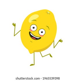 Cute lemon character cheerful with emotions dancing, arms and legs. The funny, happy or smile hero, yellow citrus fruit. Vector flat person