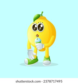 Cute lemon character drinking a green smoothi. Perfect for kids, merchandise and sticker, banner promotion or blog
