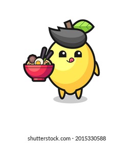 cute lemon character eating noodles , cute style design for t shirt, sticker, logo element