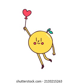 Cute lemon character fly with heart balloon, illustration for t-shirt, sticker, or apparel merchandise. With doodle, retro, and cartoon style.