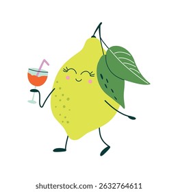 Cute lemon character with glass of drink. Kawaii fruit character enjoying Summer beach vacations. Hand drawn flat design vector illustration.