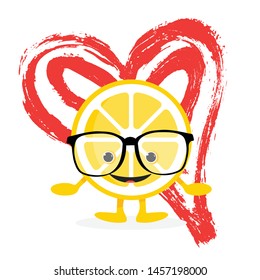 Cute lemon character in glasses with hand draw heart. Love you. Card concept. Vector Illustration