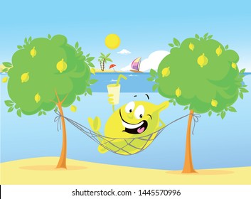 Cute Lemon Character Have a Rest in Hammock on the Beach - Vector Illustration