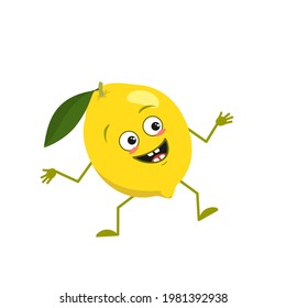 Cute lemon character with joy emotions, smiling face, happy eyes, arms and legs. A mischievous vitamin citrus fruit with eyes. Joyful food. Vector flat illustration
