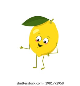 Cute lemon character with joy emotions, smiling face, happy eyes, arms and legs. A mischievous vitamin citrus fruit with eyes. Joyful food. Vector flat illustration
