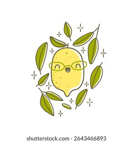 Cute Lemon Character with leaves. Adorable vector illustration with happy citrus fruit. 