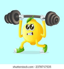 Cute lemon character lifting weights. Perfect for kids, merchandise and sticker, banner promotion or blog
