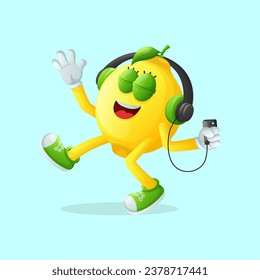 Cute lemon character listening to music. Perfect for kids, merchandise and sticker, banner promotion or blog

