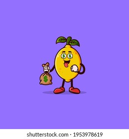 Cute Lemon Character With Money Eyes And Holding Money Bag. Fruit Character Icon Concept Isolated. Emoji Sticker. Flat Cartoon Style Vector