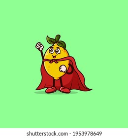 Cute Lemon character with Super hero costume and try to fly. Fruit character icon concept isolated. Emoji Sticker. flat cartoon style Vector