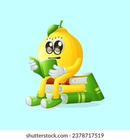 Cute lemon character wearing glasses and reading a book. Perfect for kids, merchandise and sticker, banner promotion or blog
