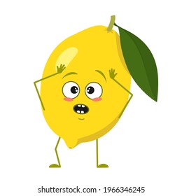 Cute lemon characters with emotions in a panic grabs his head, face, arms and legs. Spring or summer decoration. The funny or sad citrus hero, yellow fruit. Vector flat illustration