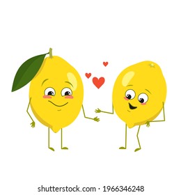 Cute lemon characters with love emotions, face, arms and legs. spring or summer decoration. The funny or happy food citrus heroes fall in love. Vector flat illustration